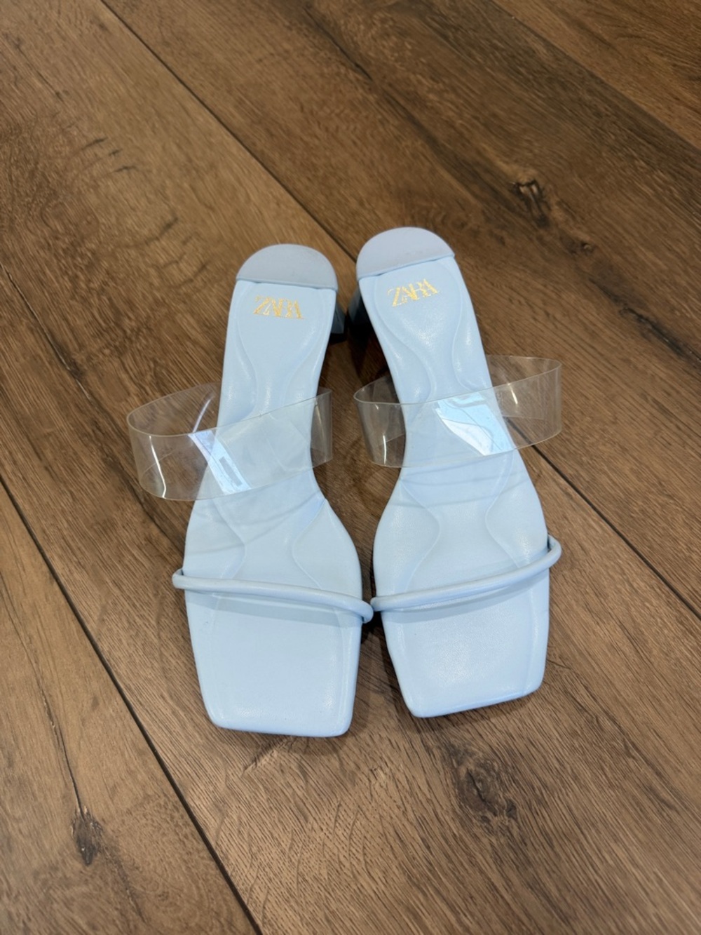 ZARA Pale Blue Square-Toe Heeled Sandals with Clear Strap